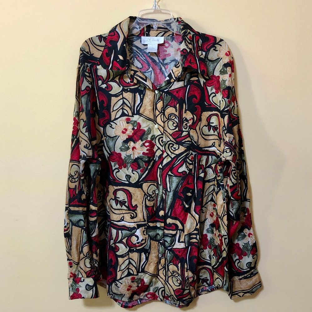 K Arnold Vintage Floral 100% Silk Shirt L